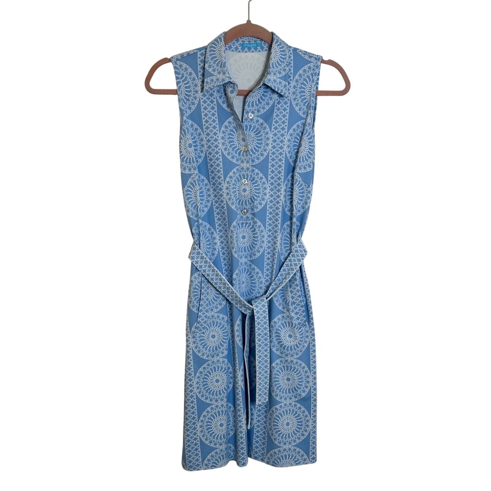 J. McLaughlin Catalina Cloth Sleeveless Dress Size S Blue Medallion Print Belted